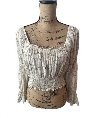 Open Edit Off The Shoulder Long Sleeve Crop Blouse Abstract Black Cream Size L